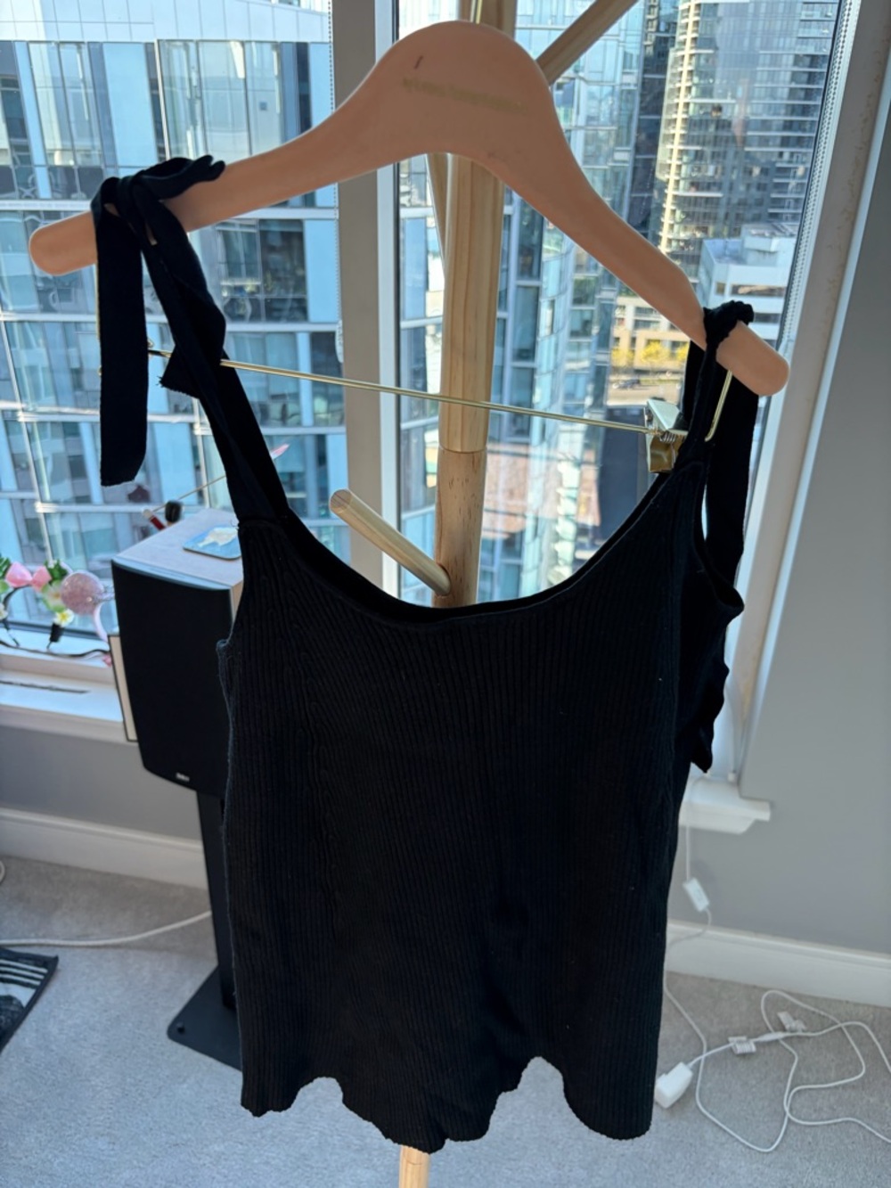 Zara Black Ribbed Tie-Shoulder Tank